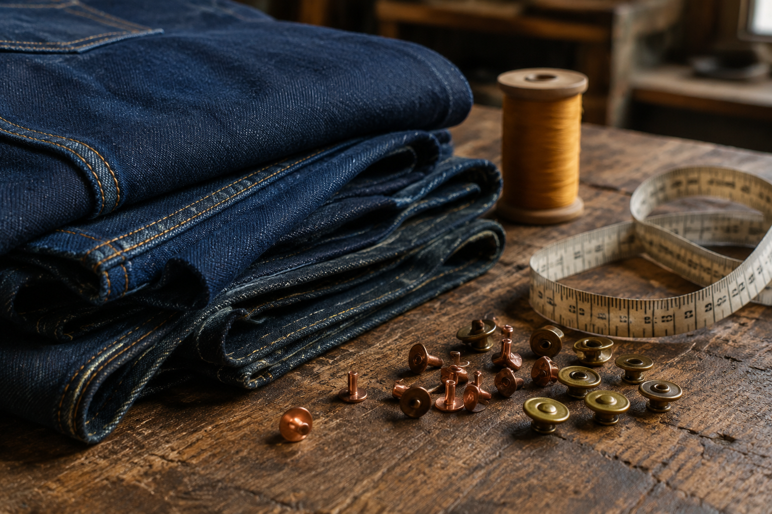 Indigo denim cloth and copper rivets on a worktable.